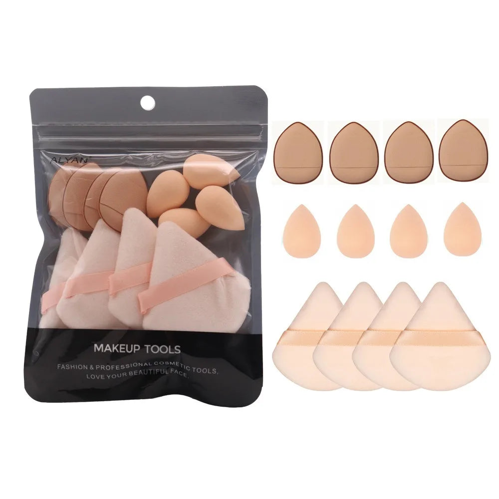 12PCS Mini Makeup Finger Puffs – Triangle & Water Drop Velvet Foundation Sponges Cosmetic Blender Set