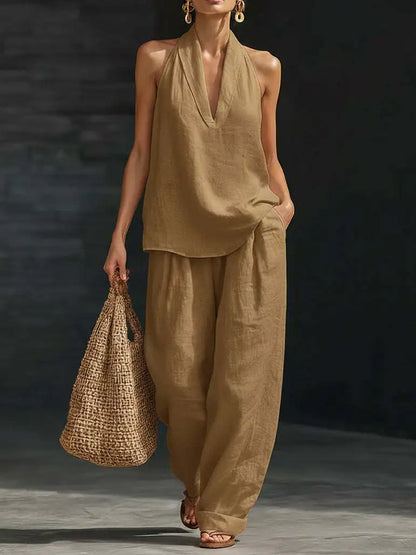 Women’s 2-Piece Summer Outfit – Halter Neck V-Neck Sleeveless Top & Loose Trousers Casual Matching Set
