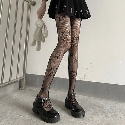 Women’s Gothic Bat Fishnet Stockings - Harajuku Emo Mesh Thigh High Tights with Sexy Alternative Lingerie Style