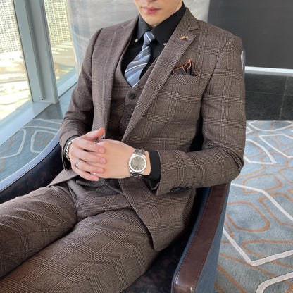 Men’s British Korean Plaid Three-Piece Suit – Stylish Business Casual Set with Blazer, Vest & Trousers
