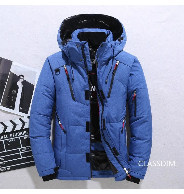 Men's Winter Hooded Puffer Jacket – White Duck Down Coat, Windproof & Warm Outdoor Parka, Size 5