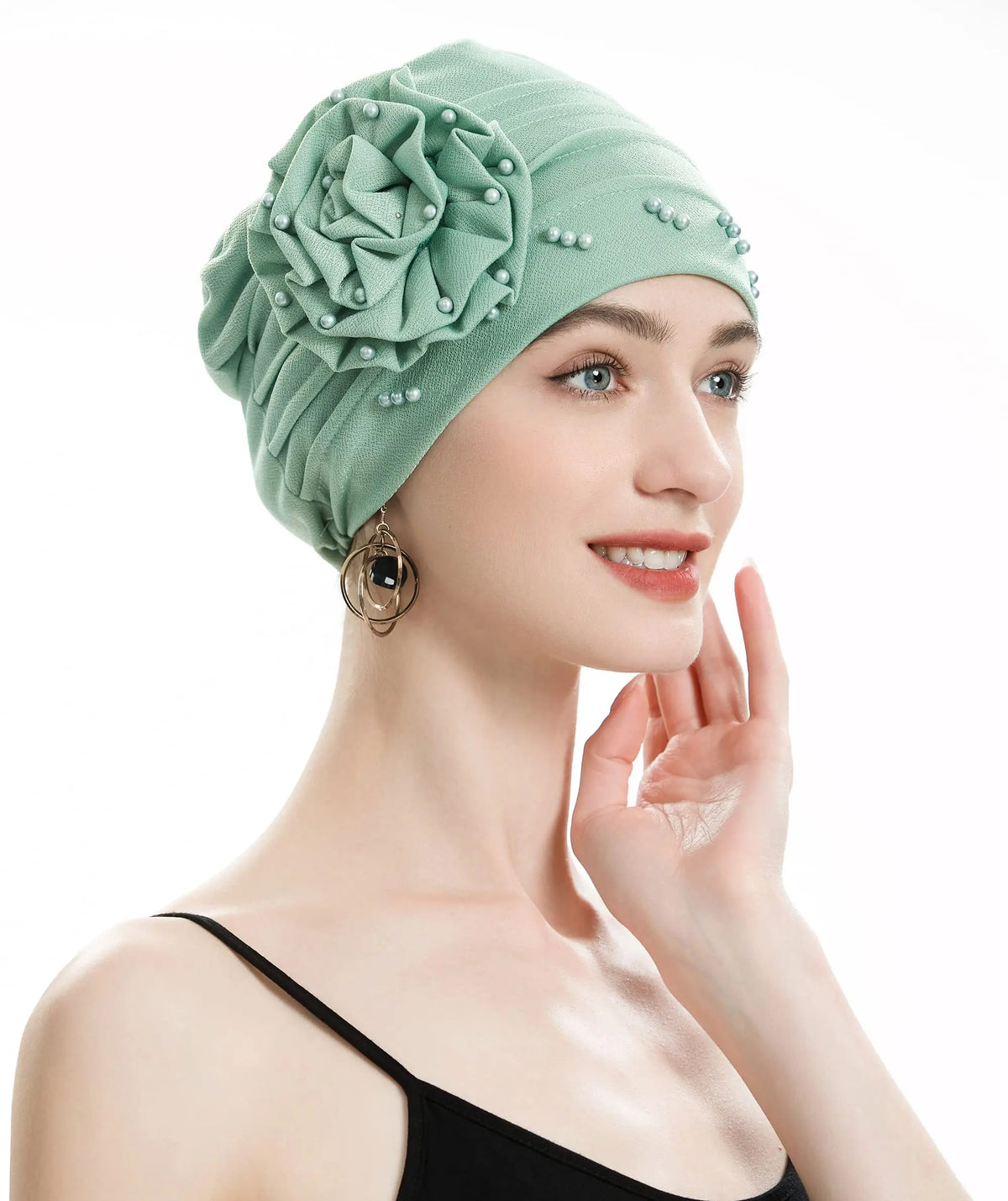 2024 Pearl Embellished Muslim Turban Beanie for Women – Elastic Hijab Headwrap with Flower Chemo Cap