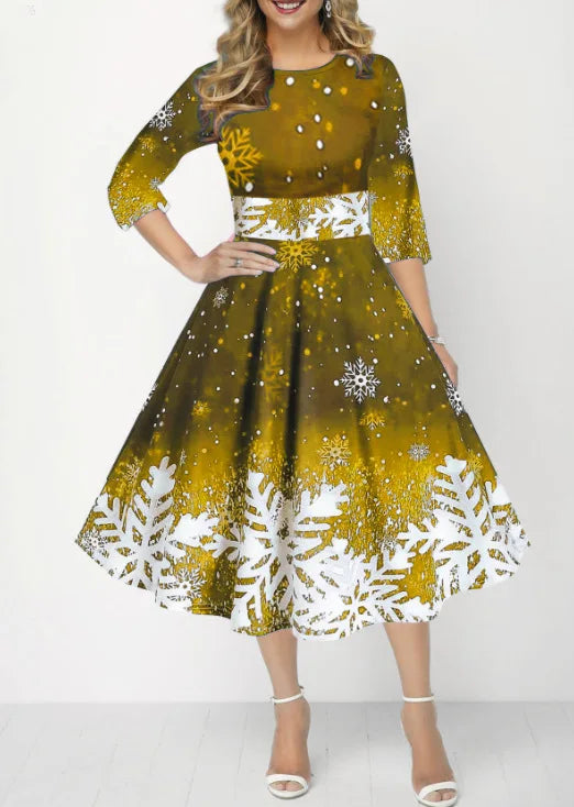 Women’s Winter Christmas Dress – Vintage Swing Robe with Half Sleeves, Elegant Casual Print Party Dress