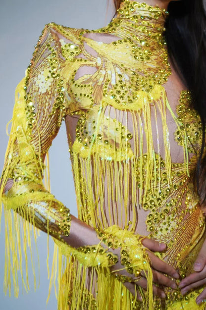 Sexy Blue Rhinestone Skinny Leotard – One-Shoulder Fringe Dance Costume for Singers & Dancers