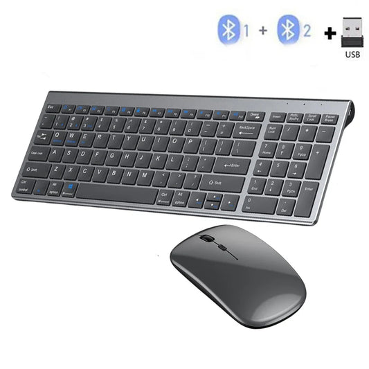 Gray Bluetooth 5.0 & 2.4G Wireless Keyboard Mouse Combo – Rechargeable Full Size Keyboard for Notebook & Laptop