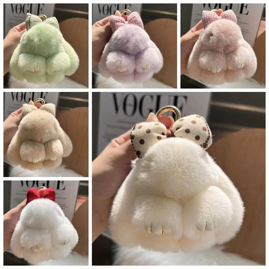 Hair Bow Rabbit Fur Keychain – Cute Fluffy Bunny Plush Bag Charm & Couple Pendant