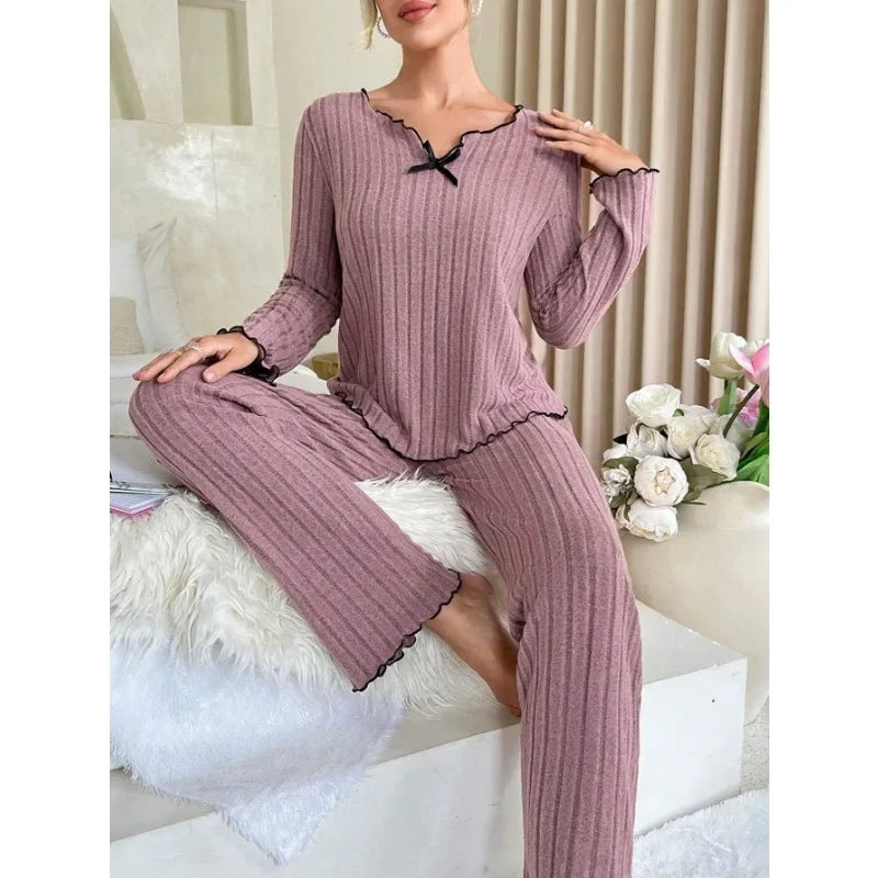 Women’s Autumn & Winter Ribbed Pajama Set – Long-Sleeve Top and Pants, 2-Piece Casual Homewear Loungewear