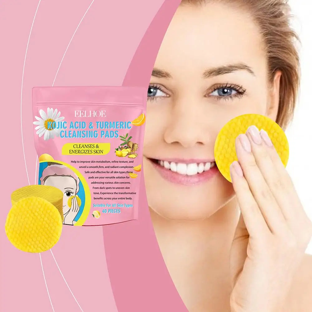 40/50pcs Turmeric & Kojic Acid Exfoliating Cleansing Pads – Facial Sponges for Daily Skin Care & Deep Cleansing