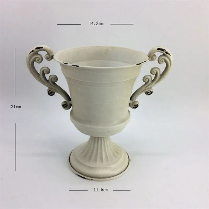 Old Goblet Antique Flower Vase – White Retro European Iron Table Arrangement Container with Handles