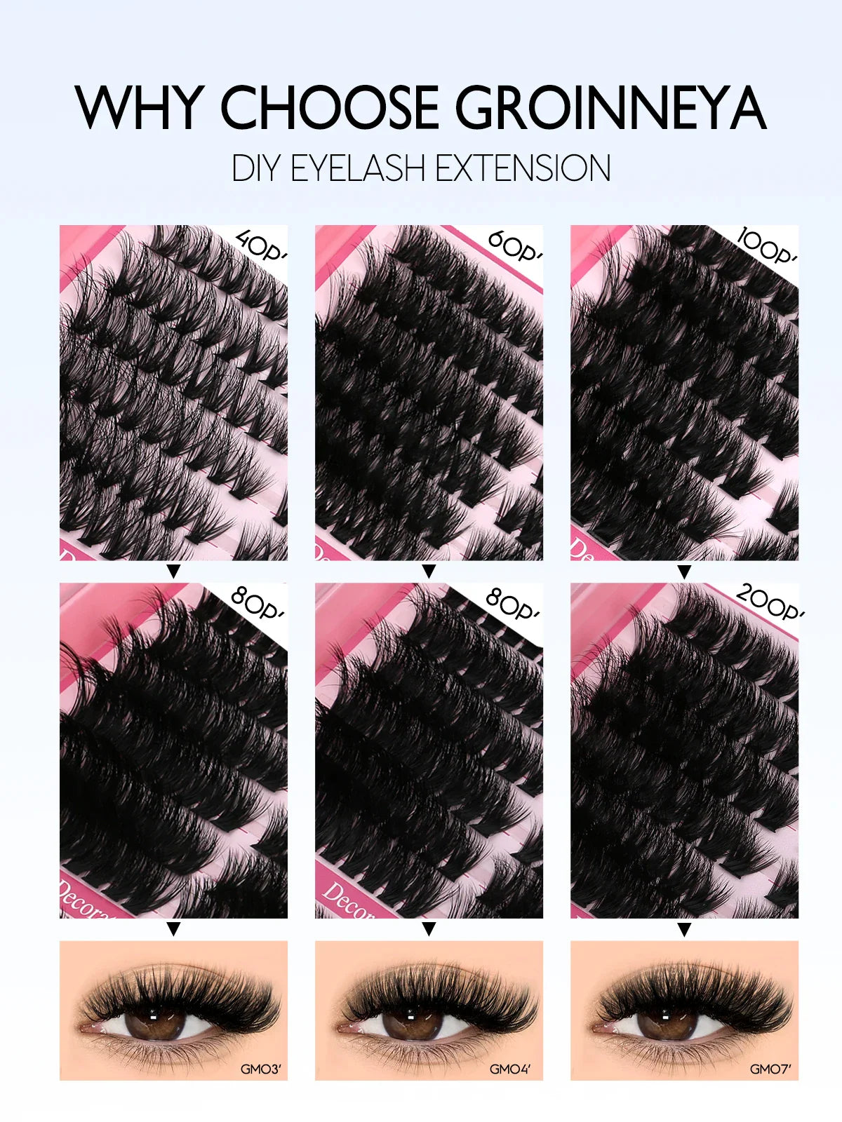 GROINNEYA Cat Lash Clusters Kit – 640pcs with Lash Bond & Seal, DIY Eyelash Extensions for Home Use