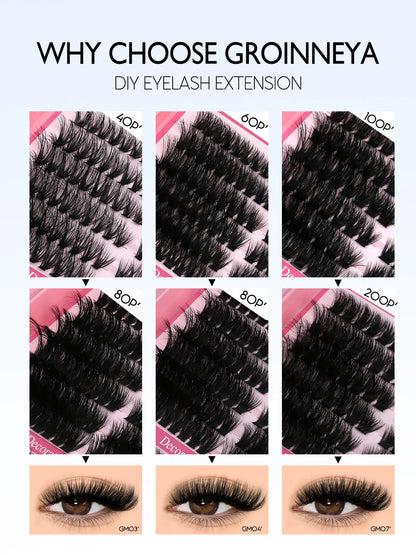 GROINNEYA Cat Lash Clusters Kit – 640pcs with Lash Bond & Seal, DIY Eyelash Extensions for Home Use