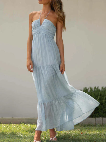 Floral Flow: Women's Summer Chiffon Halter Maxi Dress - Boho Backless Tiered Swing, Sleeveless V Neck, A Line, Long Beach Style