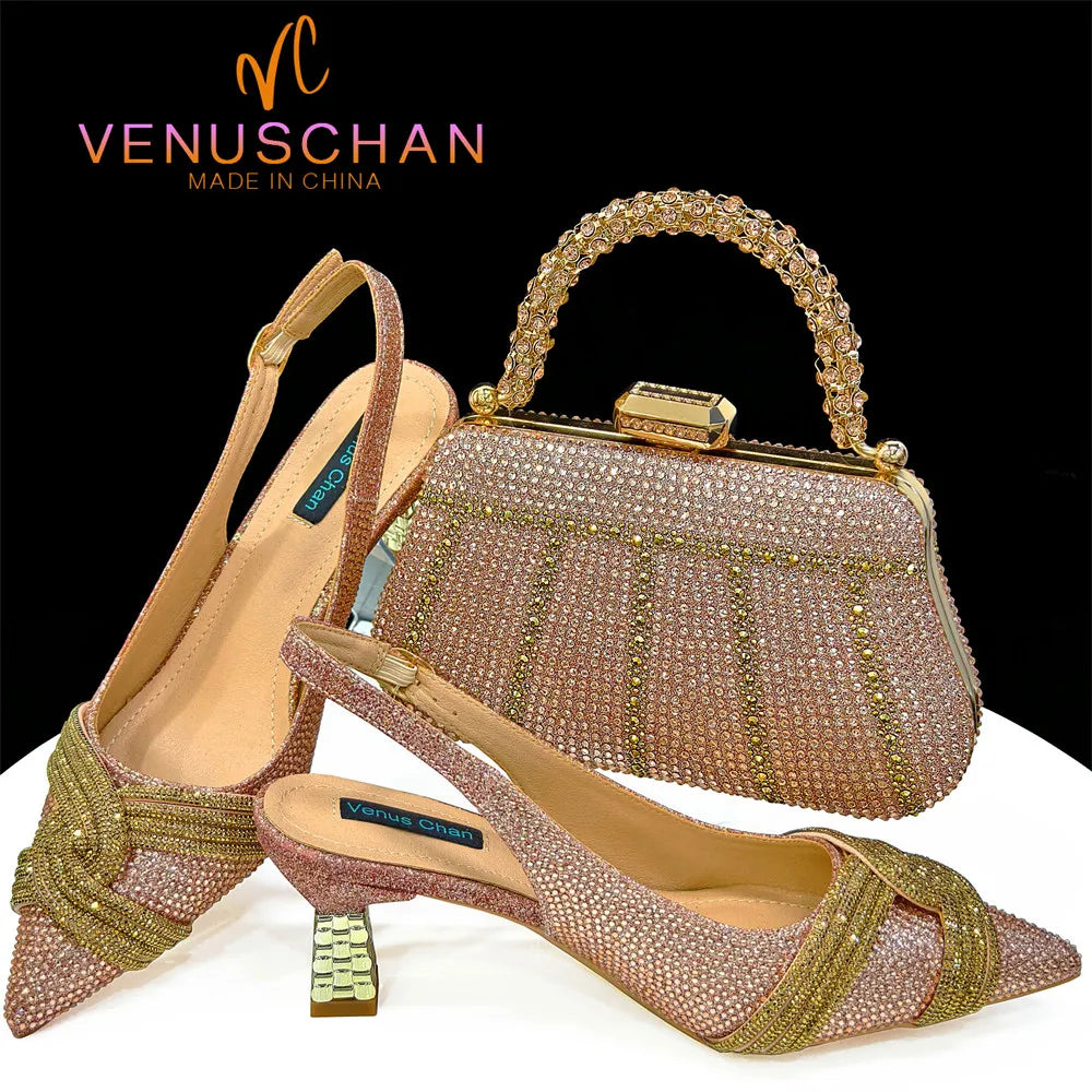 Venus Chan Women’s Champagne Shoe & Bag Set - Rhinestone Heels and Handbag for Nigerian Parties & Weddings