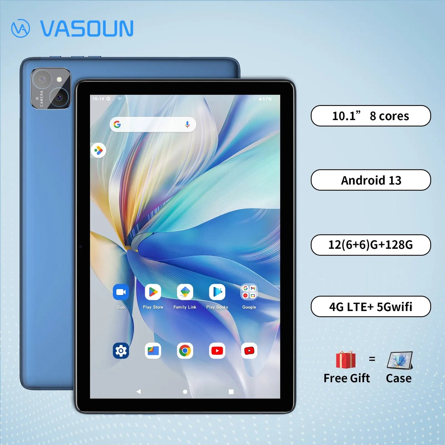 VASOUN Android 14 Tablet 10.1" — 12GB RAM, 128GB ROM, Octa-Core, Dual SIM 4G, WiFi 2.4G/5G, GPS