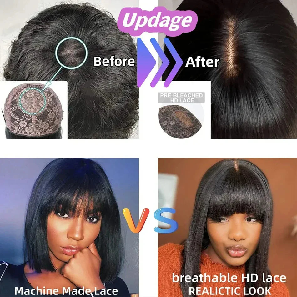 3-in-1 Middle Part Bob Lace Wig — Straight Short Human Hair with Bangs, Machine Made for Women