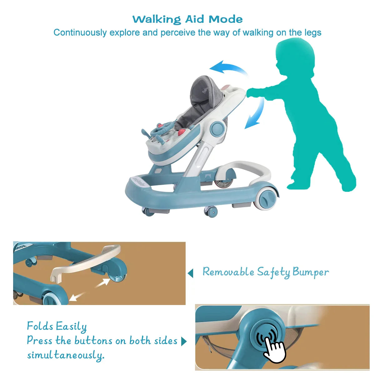 UBRAVOO 2-in-1 Push Walker for Infants & Toddlers – Foldable with Detachable Feeding and Music Trays