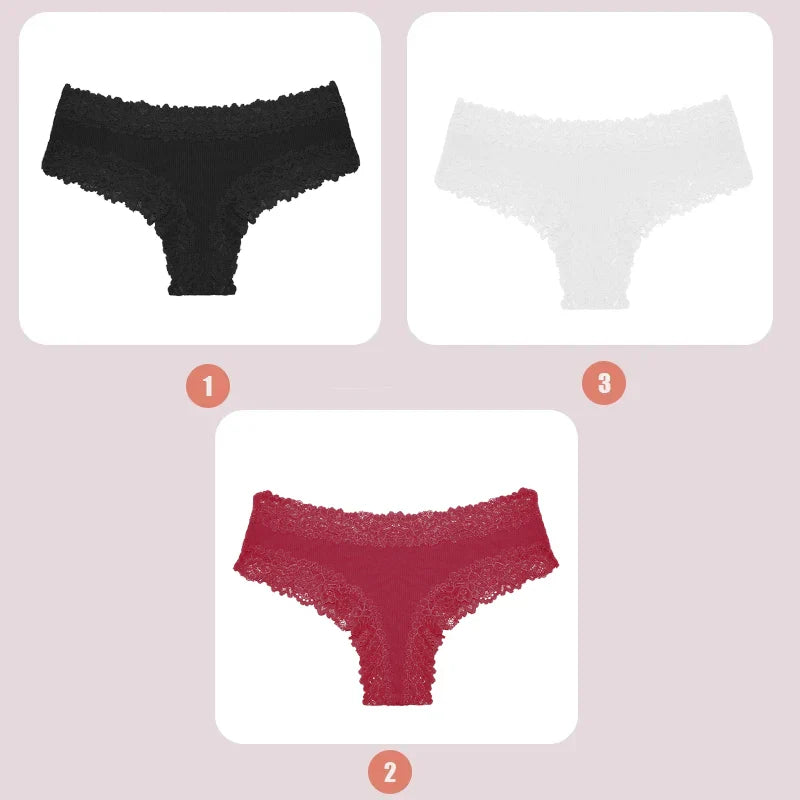 3PCS Lace Seamless Cotton Panties - Ribbed Brazilian Low Waist, Breathable Women’s Underwear, Plus Size Lingerie