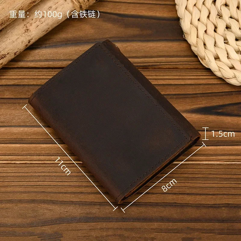 Men's Genuine Leather Short Wallet with Chain – Zipper Clutch, Trifold Purse, Card Holder & Coin Purse for Men