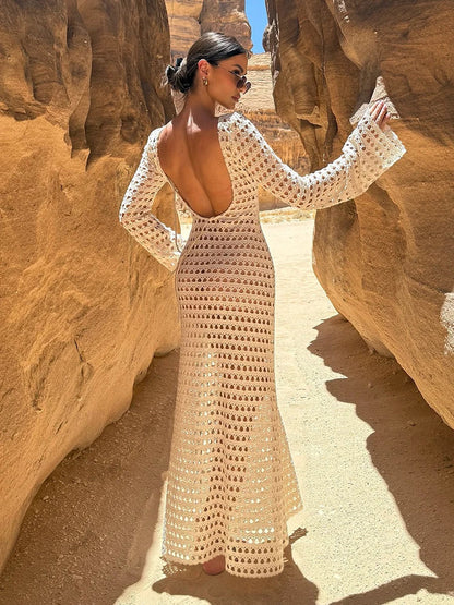 Women’s Sexy Knit Mesh Backless Maxi Dress – Bell Sleeve Summer Beach Cover Up Slim Fit Vacation Tunic Outfit 2026
