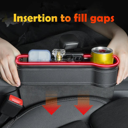 Car Crevice Storage Box with 2 USB Charger – LED Seat Gap Organizer, Phone, Bottle, and Cup Holder