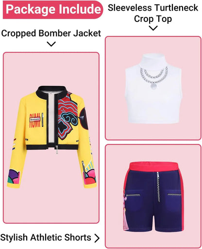 Kpop Rumi Zoey Mira Party Girls Demon Hunters Cosplay – Jacket and Shorts Outfit for Kids’ Halloween and Singer Costume