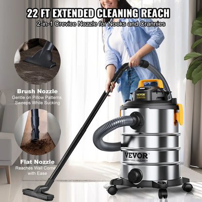 VEVOR Stainless Steel Wet Dry Shop Vacuum - Powerful Small Shop Vac for Carpet, Debris & Pet Hair