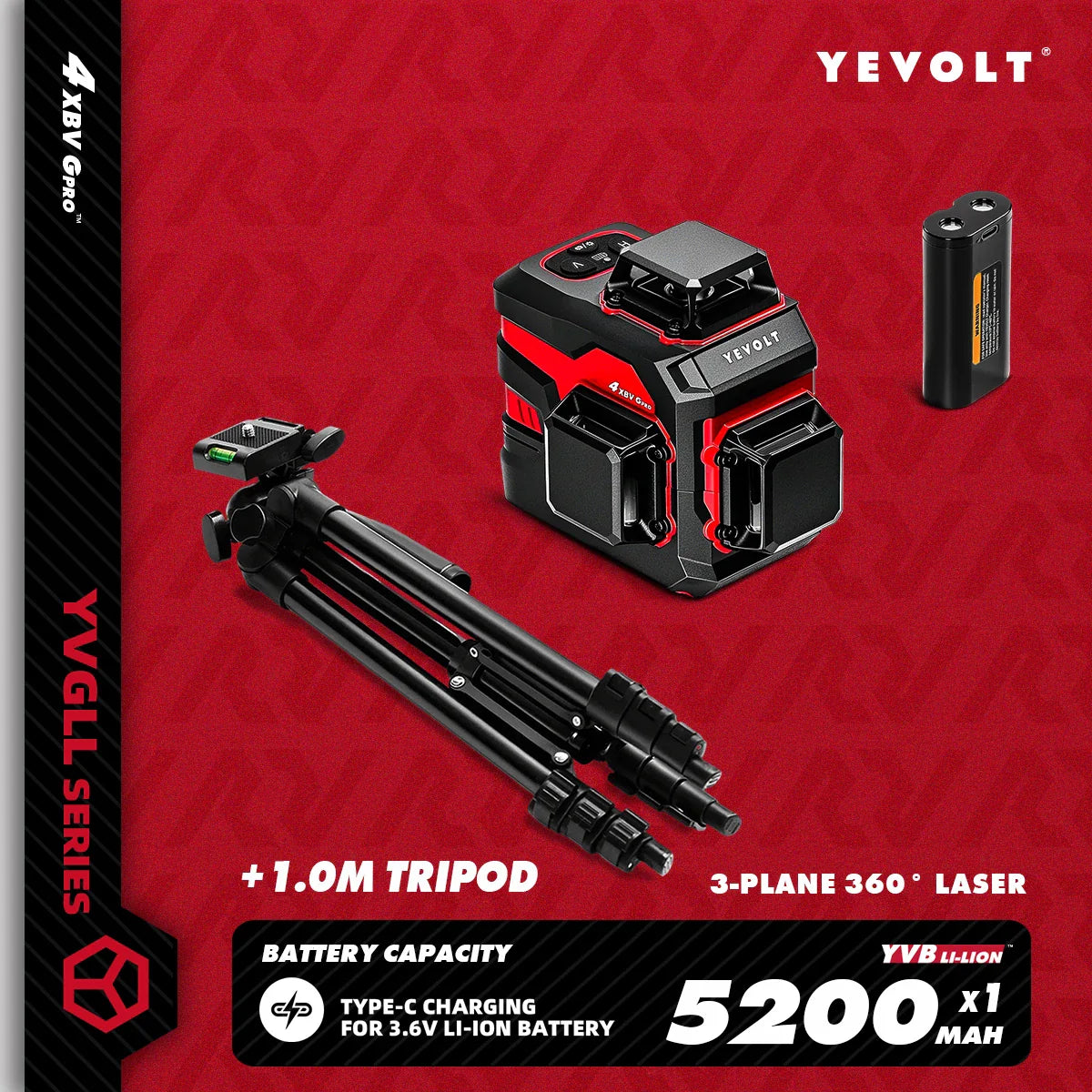 YEVOLT YVGLL4XS12 12-Line Green Laser Level – ±0.2mm/m Precision, IP54 Waterproof, Auto-Leveling with Slope Mode