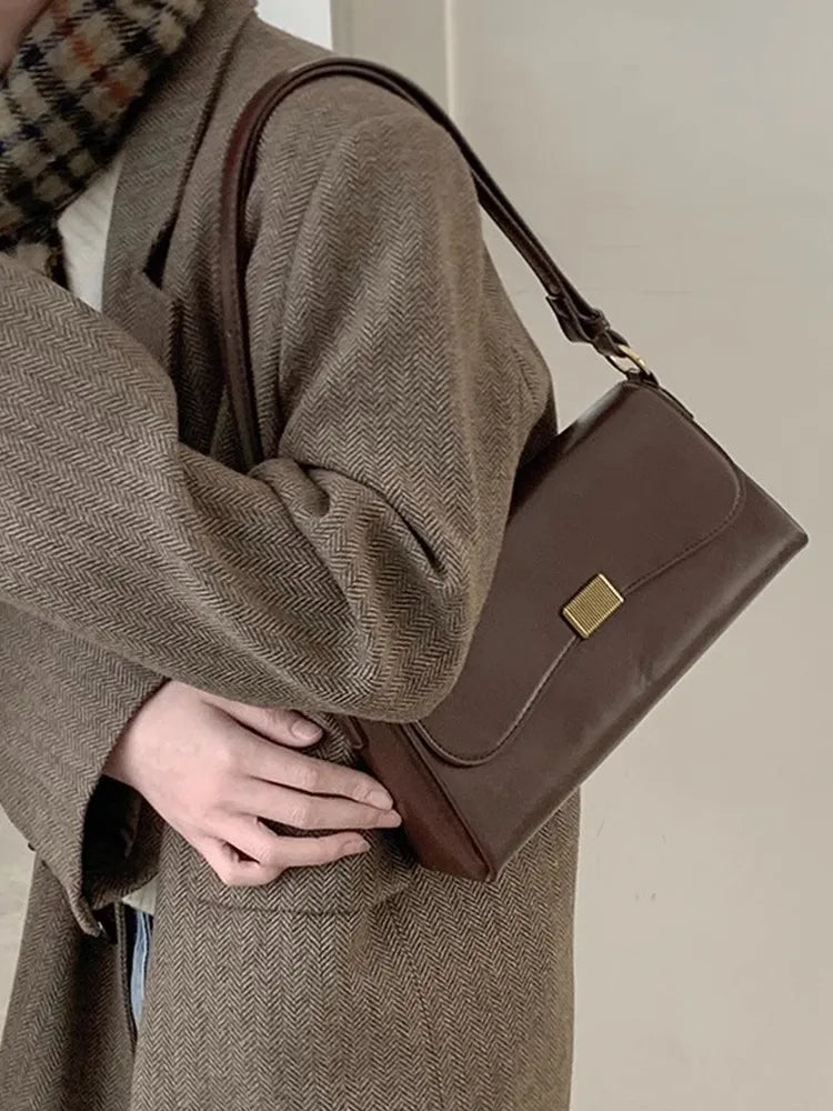 Retro Underarm Bag for Women – New Autumn Winter Fashion, Solid Color PU Leather Handbag, Casual Commuter Single Shoulder Bag