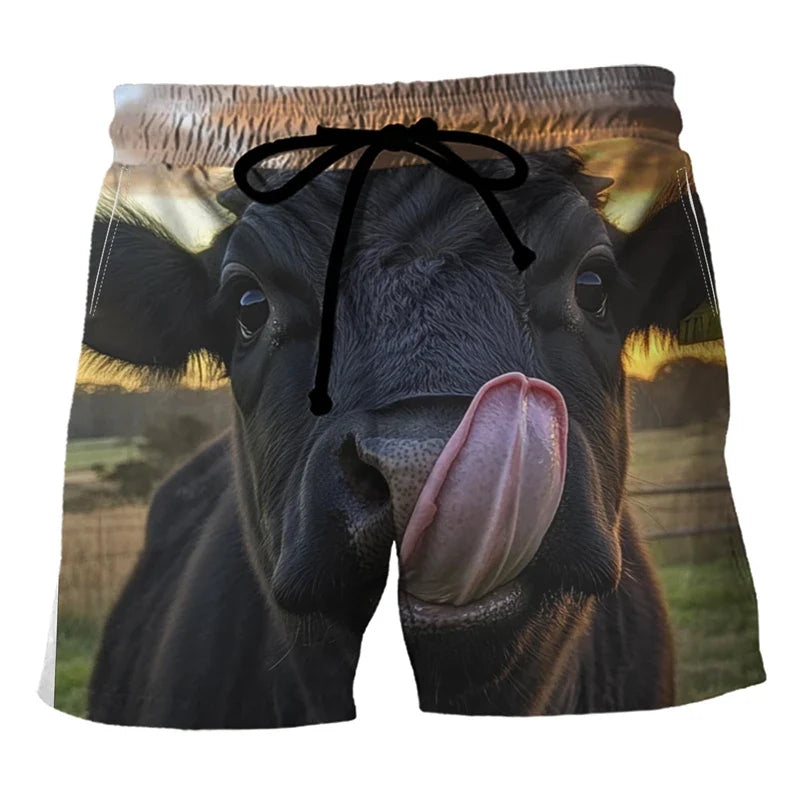 Funny Cow Print Beach Shorts - Men’s 3D Animal Print Summer Swim Trunks