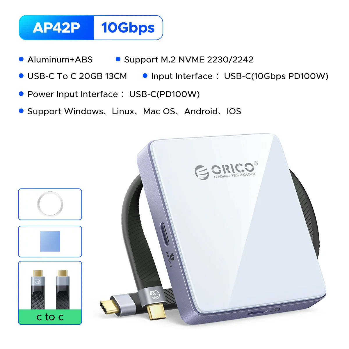 ORICO Magnetic M.2 NVMe SSD Enclosure – 2230/2242 USB-C 4K ProRes iPhone Dock with SD/TF Reader & 100W PD Charging