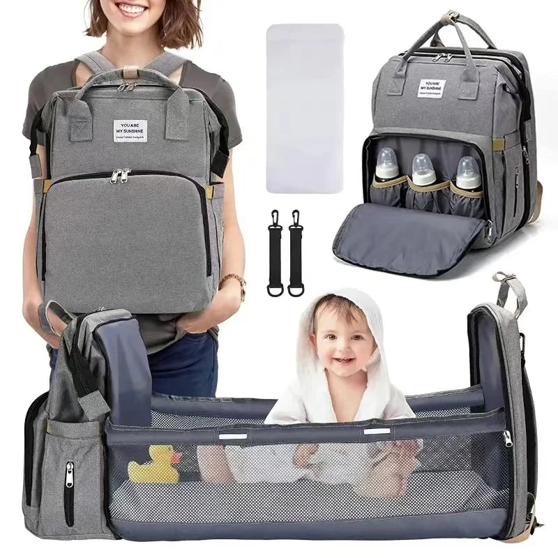 Foldable Bed Diaper Bag with Changing Station - Insulated Pocket, Large Capacity, Multifunctional Double Shoulder Mommy Bag