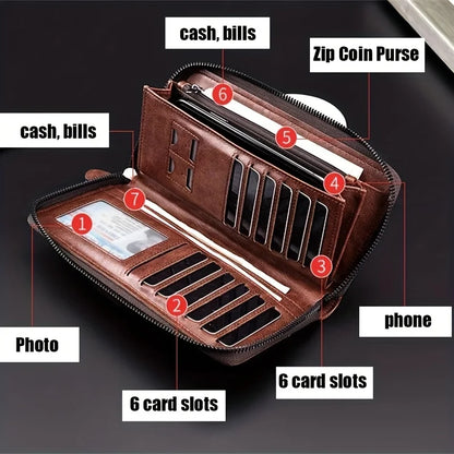 Men's Long Zipper Wallet – High-Quality PU Leather, RFID Blocking Business Clutch, Credit Card Holder