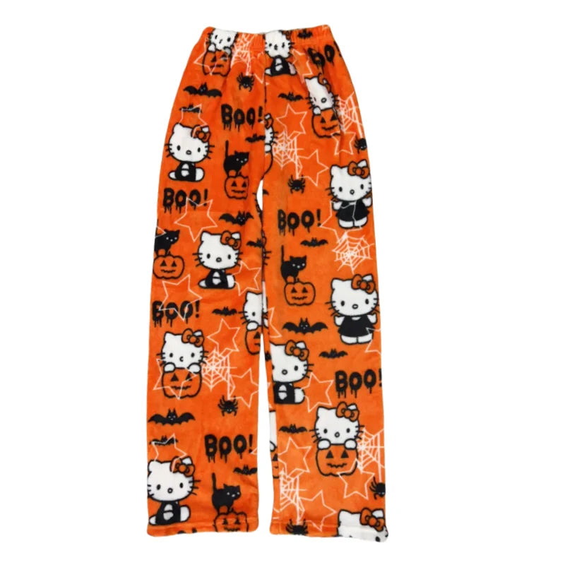 Kawaii Hello Kitty Flannel Pajama Pants – Warm Woolen Anime Trousers for Women, Cute Autumn Loungewear Gift