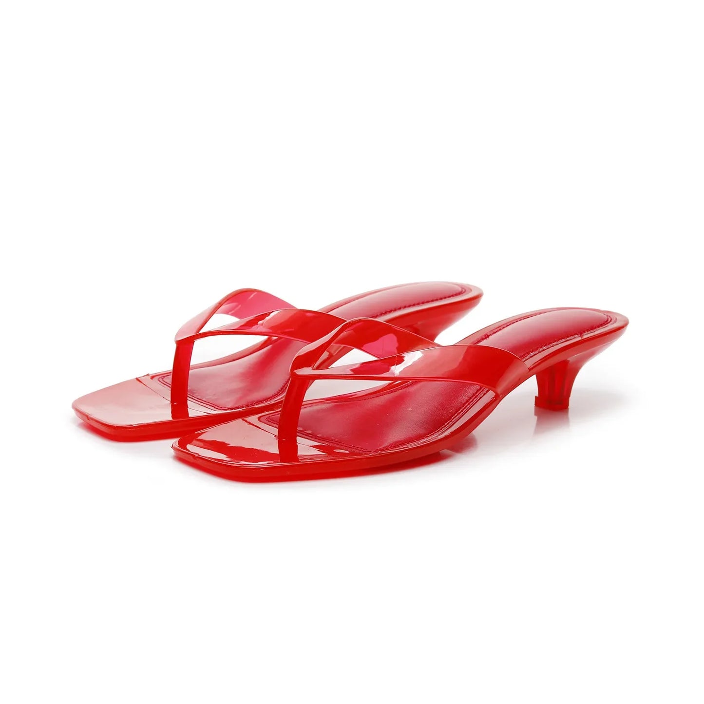 Women’s Crystal Jelly Slippers - Low Glass Heel Square Toe Summer Beach Sandals
