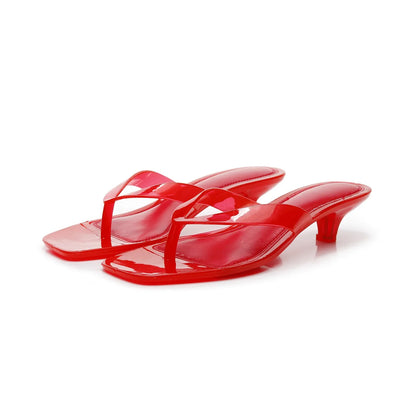 Women’s Crystal Jelly Slippers - Low Glass Heel Square Toe Summer Beach Sandals