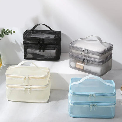 Travel 2-Layer Cosmetic Organizer Bag – Transparent Folding Mesh Zipper Pouch, Large Capacity Makeup & Wash Kit Bag 2024