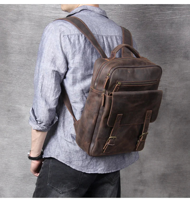 Vintage Crazy Horse Leather Backpack for Men — 17" Laptop Travel Rucksack Cowhide Hiking Bag M815