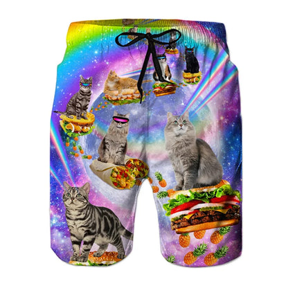 Men's Dinosaur Cat 3D Print Beach Shorts - Fun Hawaiian Swim Trunks