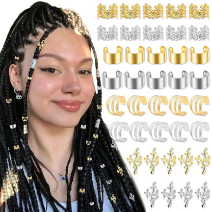 32-60PCS Human Hair Braiding Rings Kit — Gold, Silver & Wood Dreadlock Accessories Set for Men & Women Hair Styling