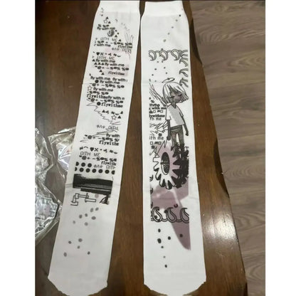 Y2K Punk Graffiti Thigh-High Socks - White Over-Knee Stockings for Cosplay, Harajuku & Kawaii Style