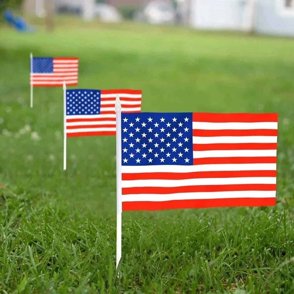 50PCS USA Handheld Stick Flags — 14x21cm American Mini Flags with 30cm Pole, US Banner Party & Event Decor