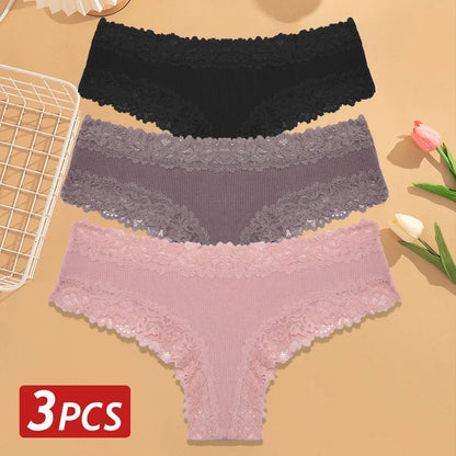 3PCS Women’s Cotton Lace Panties Set - Low Waist Brazilian Bikini Underwear Soft Floral Lingerie T-Back Style