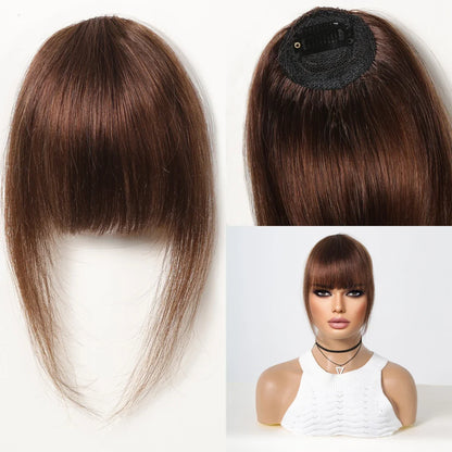 100% Human Hair Clip-In Bangs - Natural Brown Wispy Fringe with Temples, 4.5in Air Bang Hairpiece for Women