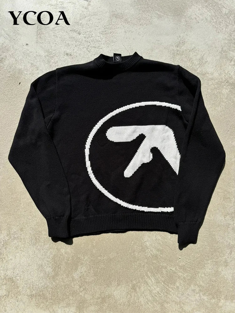 Men's Y2K Graphic Knit Sweater - Oversized Gothic Long Sleeve Winter Pullover Vintage Streetwear Top