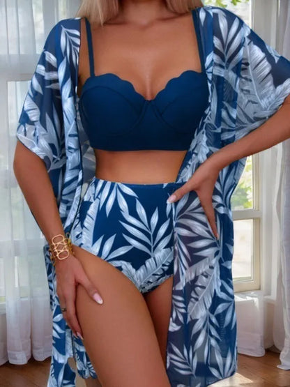 Elegant 3-Piece Vintage Bikini Set for Women – High Waist Swimsuit with Mesh Cover-Up 2025 Bathing Suit