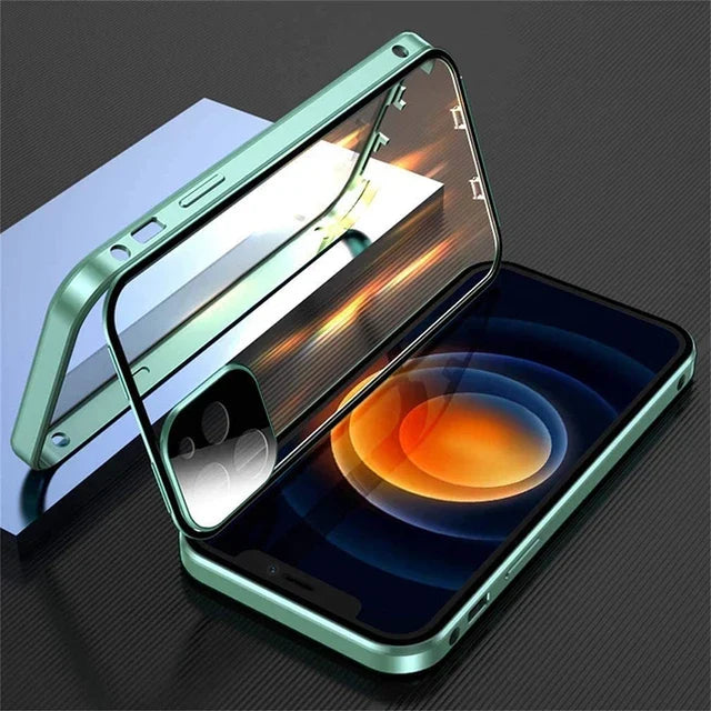 360° Full Protection Magnetic Metal Phone Case - Double Sided Glass Snap Lock Bumper Cover for iPhone 16 Pro Max 15 14 13 12 11 Pro Max