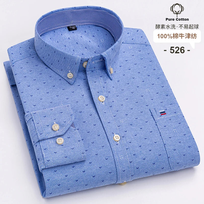 Men's 100% Cotton Oxford Plaid Shirt - Soft Regular Fit Long Sleeve Formal Dress Shirt with Pocket S-7XL