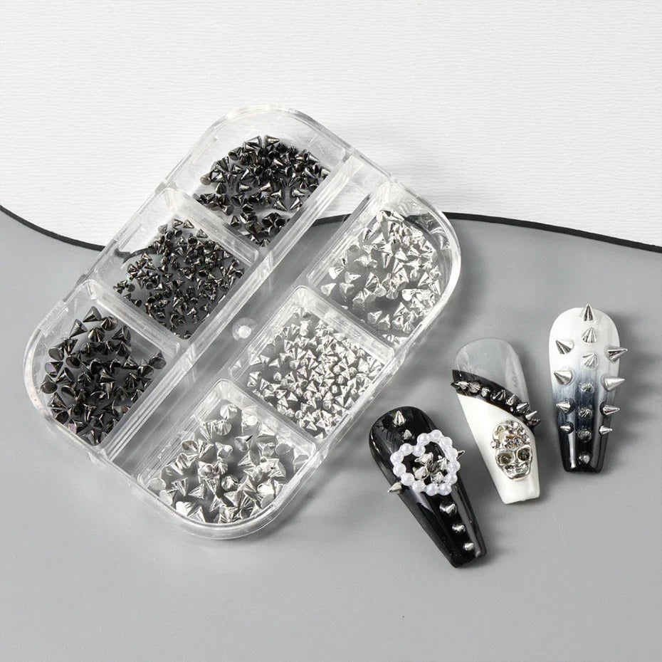 Metallic Rivet Nail Charms - 6-Grid Gold, Silver & Black Punk Spike Studs for Nail Art & DIY Designs