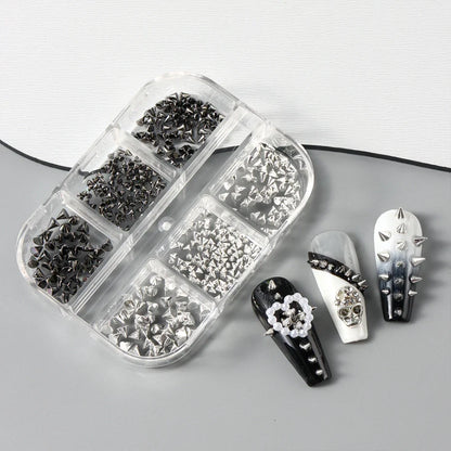 Metallic Rivet Nail Charms - 6-Grid Gold, Silver & Black Punk Spike Studs for Nail Art & DIY Designs