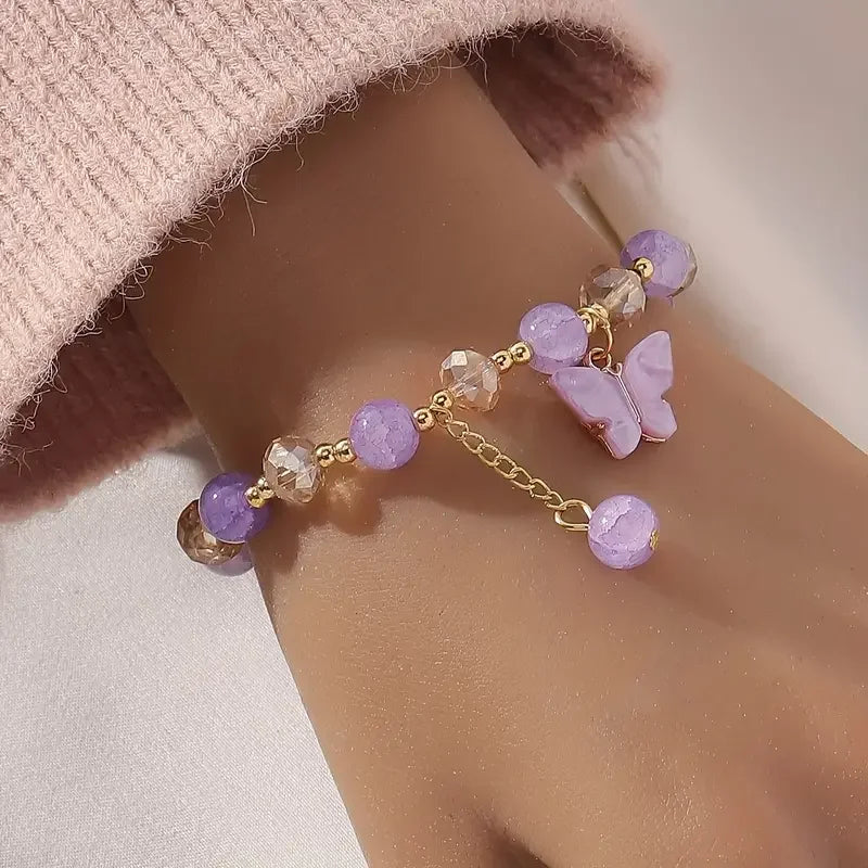 Purple Butterfly Charm Beaded Stretch Bracelet – Multi-Color Crack Faceted Beads, Cute Jewelry Gift for Women & Girls